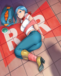 Rule 34 | 1girl, abduction, absurdres, ass, bdsm, belly, blue eyes, blue hair, bondage, boots, bound, bound ankles, bound wrists, breasts, bulma, cleavage, denim, dragon ball, dragon ball (object), dragon ball super, dragon radar, earrings, feet, high heel boots, high heels, highres, jeans, jewelry, kidnapped, lipstick, lost one zero, makeup, navel, pants, scarf, shadow, shirt, tape, tape bondage, toes, white shirt