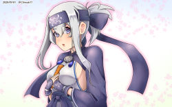 Rule 34 | 1girl, ainu clothes, between breasts, blue eyes, blue headband, breasts, carrot, chiwa (chiwa0617), commentary request, cropped jacket, dated, folded ponytail, headband, highres, kamoi (kancolle), kantai collection, looking at viewer, medium breasts, one-hour drawing challenge, sideboob, sidelocks, solo, thick eyebrows, twitter username, upper body, white hair, wrist guards