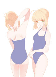 Rule 34 | 1girl, ahoge, alternate costume, arm up, artoria pendragon (all), artoria pendragon (fate), ass, back, blonde hair, blue one-piece swimsuit, braid, braided bun, cowboy shot, facing away, fate (series), flat color, from side, green eyes, hair bun, hair up, halterneck, head tilt, multiple views, one-piece swimsuit, saber (fate), simple background, single hair bun, standing, swimsuit, thighs, white background, zdl xiaobai