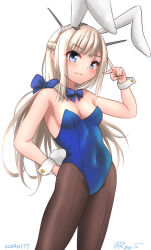 Rule 34 | 1girl,  leotard, animal ears, blue eyes, bow, bowtie, breasts, brown eyes, brown pantyhose, covered navel, dated, detached collar, fake animal ears, fake tail, headgear, kantai collection, leotard, light brown hair, long hair, low twintails, maryland (kancolle), pantyhose, playboy bunny, rabbit ears, rabbit tail, ray.s, simple background, small breasts, strapless, strapless leotard, tail, traditional bowtie, twintails, twitter username, white background, wrist cuffs