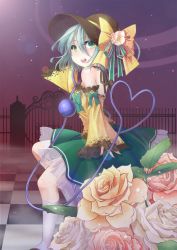 Rule 34 | 1girl, adapted costume, bare shoulders, bow, checkered floor, detached sleeves, dress, female focus, floor, flower, gate, green dress, green eyes, hat, highres, komeiji koishi, lens flare, mimika (puetilun), open mouth, petticoat, puetilun, ribbon, rose, silver hair, skirt, smile, solo, third eye, touhou