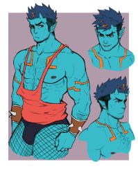 Rule 34 | 1boy, abs, bara, bare arms, bare pectorals, blue oni, blue skin, bracelet, bulge, chest hair, colored skin, cropped legs, cropped torso, earrings, facial hair, fishnet legwear, fishnets, hairy, horns, jasdavi, jewelry, large pectorals, male focus, multicolored hair, multiple views, muscular, nipples, oni, oni horns, orange eyes, orange hair, orange tank top, original, oskar (jasdavi), pantyhose, pectorals, pointy ears, red eyes, short hair, sideburns, spiked bracelet, spikes, streaked hair, stubble, tank top, thick thighs, thighs