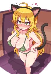 Rule 34 | 1girl, ahoge, animal ear headwear, animal ears, animated, bikini, blinking, blonde hair, blush, bouncing breasts, breasts, cat ears, cat tail, cleavage, fake animal ears, female focus, green bikini, green eyes, heart, heart-shaped pupils, hoshii miki, hothot148, idolmaster, idolmaster (classic), large breasts, long hair, looping animation, navel, pixel art, smile, solo, steam, sweat, swimsuit, symbol-shaped pupils, tail, undersized breast cup, very long hair, video
