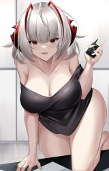 Rule 34 | 1girl, :d, absurdres, antennae, arknights, bare shoulders, barefoot, black shirt, breasts, brown eyes, cleavage, collarbone, commentary request, hand up, highres, holding, horns, indoors, large breasts, looking at viewer, no pants, off-shoulder shirt, off shoulder, open mouth, shirt, short hair, short sleeves, silver hair, smile, solo, thighs, w (arknights), yan lie