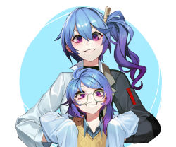 Rule 34 | 2girls, black jacket, blue eyes, blue hair, breasts, chils, commentary, girls&#039; frontline, glasses, grin, hair between eyes, hair ornament, hairclip, hairpin, jacket, k11 (girls&#039; frontline), k11 (lil&#039; scientist) (girls&#039; frontline), long hair, long sleeves, looking at viewer, messy hair, multicolored clothes, multicolored jacket, multiple girls, multiple hairpins, official alternate costume, purple eyes, purple hair, shirt, side ponytail, smile, teeth, time paradox, tunamayo (dsasd751), two-tone jacket, white jacket