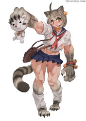 Rule 34 | 1girl, ahoge, animal, animal ears, bag, barefoot, bell, bell earrings, biceps, blue skirt, bracelet, breasts, brown eyes, cat, cat ears, cat tail, claws, cleft of venus, collar, crop top, earrings, fewer digits, full body, gao (gaolukchup), grey hair, highres, holding, holding animal, holding cat, jewelry, jingle bell, leash, leg warmers, medium breasts, midriff, miniskirt, monster girl, muscular, muscular female, nipples, no bra, no panties, original, outstretched arm, pleated skirt, pussy, school uniform, serafuku, short hair, single earring, skirt, solo focus, standing, tail, thick thighs, thighs, torn clothes, uncensored, watermark, web address, white background