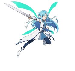 Rule 34 | 10s, 1girl, asuna (sao), asuna (sao-alo), blue eyes, blue hair, blue thighhighs, full body, highres, holding, holding sword, holding weapon, long hair, matching hair/eyes, official art, open mouth, pointy ears, simple background, solo, sword, sword art online, sword art online: code register, thighhighs, weapon, white background, wings