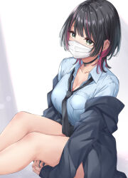 Rule 34 | black choker, black hair, black jacket, black necktie, black skirt, breast pocket, breasts, choker, cleavage, collarbone, collared shirt, colored inner hair, earrings, green eyes, gyaru, hand on own thigh, highres, jacket, jewelry, knees up, large breasts, looking ahead, mask, medium hair, mouth mask, multicolored hair, necktie, off shoulder, open clothes, open jacket, original, pink hair, pleated skirt, pocket, shirt, simple background, sitting, skirt, surgical mask, swept bangs, thighs, white background, white shirt, wing (aiastor)