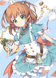 Rule 34 | 1girl, blue background, blue dress, blush, brown hair, chain, closed mouth, commentary request, cookie, cup, dress, eat me, food, frilled dress, frills, green eyes, hair ornament, heart, heart hair ornament, highres, ken pyatsu, key, leaning forward, looking at viewer, pocket watch, princess connect!, puffy short sleeves, puffy sleeves, rino (princess connect!), rino (wonderland) (princess connect!), roman numeral, saucer, short sleeves, smile, solo, tea, teacup, teapot, thighhighs, two side up, watch, white thighhighs, wrist cuffs