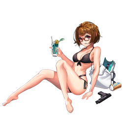 Rule 34 | 1girl, arm support, bag, bare arms, bare legs, bare shoulders, barefoot, beudyek, bikini, black-framed eyewear, black bikini, breasts, brown hair, cleavage, collarbone, commentary request, cup, drink, drinking glass, drinking straw, front-tie bikini top, front-tie top, girls&#039; frontline, grizzly mkv (girls&#039; frontline), gun, handgun, head tilt, holding, holding cup, holding drinking glass, korean commentary, l.a.r. manufacturing, lar grizzly win mag, medium breasts, name connection, object namesake, pistol, red eyes, shopping bag, short hair, side-tie bikini bottom, simple background, sitting, solo, sunglasses, swimsuit, thick eyebrows, unworn eyewear, weapon, white background