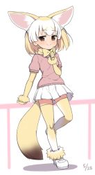 Rule 34 | 1girl, against fence, animal ear fluff, animal ears, blonde hair, bow, bowtie, brown eyes, dated, elbow gloves, extra ears, fence, fennec (kemono friends), fox ears, fox tail, full body, fur trim, gloves, highres, index finger raised, kemono friends, looking at viewer, multicolored hair, pink shirt, pleated skirt, puffy short sleeves, puffy sleeves, ransusan, shirt, short hair, short sleeves, simple background, skirt, smile, solo, tail, thighhighs, two-tone hair, white background, white hair, white skirt, yellow bow, yellow bowtie, yellow gloves, yellow thighhighs, zettai ryouiki