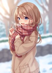 Rule 34 | 1girl, :d, ahoge, bang (gesture), blue eyes, blurry, blurry background, blush, breath, brown coat, brown hair, coat, commentary request, depth of field, enpera, fang, finger gun, hand in own hair, hand on own chest, highres, long sleeves, looking at viewer, nazuna shizuku, open mouth, original, plaid, plaid scarf, red scarf, scarf, smile, solo, upper body