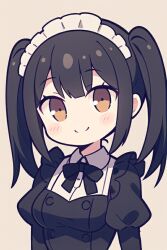 Rule 34 | 1girl, black bow, black dress, black hair, blush, bow, breasts, brown background, brown eyes, closed mouth, commentary request, dress, juliet sleeves, long sleeves, looking at viewer, maid, maid headdress, medium breasts, original, puffy sleeves, ran (ran ran010), simple background, smile, solo, twintails, upper body
