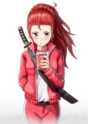 Rule 34 | 1girl, blue eyes, blush, braid, closed mouth, cola, commentary, commission, crown braid, cup, disposable cup, drinking, drinking straw, english commentary, forehead, gradient background, grey background, highres, holding, holding cup, jacket, katana, long hair, looking at viewer, original, pants, prophosphere, red hair, red jacket, red pants, sheath, sheathed, shirt, solo, sword, track jacket, track pants, track suit, v-shaped eyebrows, weapon, weapon on back, white background, white shirt