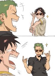 Rule 34 | 2boys, adjusting eyewear, black shirt, closed eyes, earrings, facial scar, green hair, highres, jewelry, laughing, male focus, monkey d. luffy, multiple boys, multiple views, nsozp, one piece, open mouth, profile, red-framed eyewear, roronoa zoro, scar, scar on cheek, scar on face, shirt, short hair, sideburns, simple background, single earring, sparkle, sunglasses, tearing up, upper body, white background, white shirt