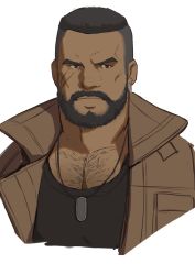 Rule 34 | 1boy, absurdres, bara, barret wallace, beard, black hair, black tank top, brown jacket, buzz cut, chest hair, cropped shoulders, dark skin, dark-skinned male, dog tags, expressionless, facial hair, facial scar, final fantasy, final fantasy vii, highres, jacket, large pectorals, pectoral cleavage, male focus, mature male, muscular, muscular male, pectorals, ryker, scar, scar on cheek, scar on face, short hair, solo, tank top, undercut, very short hair, white background