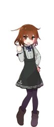 Rule 34 | &gt;:d, 1girl, anchor symbol, black dress, blush, brown eyes, brown hair, casual, clenched hand, dress, fang, full body, hair ornament, hairclip, hand on own hip, highres, ikazuchi (kancolle), kantai collection, long sleeves, looking at viewer, pantyhose, purple pantyhose, short hair, simple background, skin fang, solo, standing, v-shaped eyebrows, white background, yoru nai