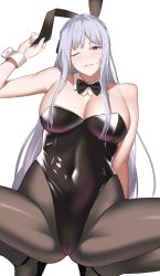 Rule 34 | 1girl, ak-12 (girls&#039; frontline), animal ears, black leotard, blush, breasts, detached sleeves, fake animal ears, girls&#039; frontline, highleg, highleg leotard, highres, ichinose (ichinose1592), large breasts, leotard, long hair, looking at viewer, one eye closed, pantyhose, playboy bunny, purple eyes, rabbit ears, simple background, solo, spread legs, squatting, white background, white hair, wrist cuffs
