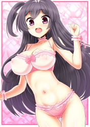 Rule 34 | :d, black hair, bra, breasts, character request, choker, copyright request, frilled bra, frilled panties, frills, hairband, large breasts, lingerie, long hair, nami makoto, one side up, open mouth, panties, purple eyes, smile, solo, underwear