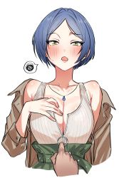 Rule 34 | annoyed, blue hair, blush, breasts, cleavage, coat, hayami kanade, highres, idolmaster, idolmaster cinderella girls, jewelry, large breasts, necklace, open clothes, open coat, solo, speech bubble, suisogenshi, sweatdrop, unzipping, yellow eyes