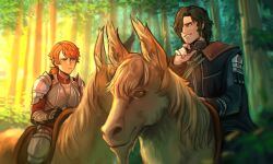 Rule 34 | 1boy, 1girl, armor, black hair, commentary, commission, english commentary, fire emblem, fire emblem: three houses, fire emblem warriors: three hopes, forest, freckles, gloves, hair over one eye, highres, horse, hubert von vestra, long sleeves, nature, nintendo, official alternate costume, official alternate hairstyle, orange hair, outdoors, ponytail, riding, riding animal, sethkiel, tree
