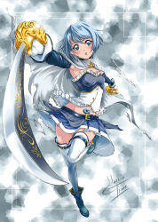 Rule 34 | 10s, 1girl, blue eyes, blue hair, cape, classictime, dual wielding, foreshortening, gloves, highres, holding, magical girl, mahou shoujo madoka magica, mahou shoujo madoka magica (anime), matching hair/eyes, miki sayaka, navel, solo, sword, thighhighs, weapon, white gloves, white thighhighs