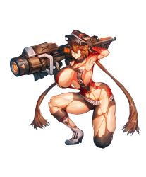 Rule 34 | 1girl, adjusting clothes, adjusting headwear, boots, breasts, brown hair, dress, feet, female focus, fingerless gloves, full body, game cg, gloves, hand up, hat, highres, holding, holding weapon, huge breasts, kneeling, legs, long hair, looking at viewer, melon22, original, over shoulder, pantyhose, parted lips, red dress, red eyes, solo, thick thighs, thighs, torn clothes, torn dress, transparent background, twintails, uniform, weapon