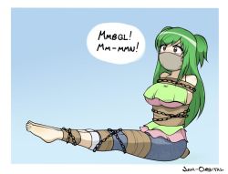 Rule 34 | 1girl, barefoot, bdsm, bondage, bound, breasts, brown eyes, chain, denim, green hair, inukami!, jam-orbital, jeans, large breasts, long hair, pants, pink shirt, shirt, solo, speech bubble, tape, taped hands, youko (inukami)