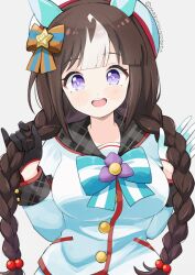 Rule 34 | 1girl, :d, animal ears, asymmetrical gloves, black gloves, blue bow, blue bowtie, blunt bangs, bow, bowtie, braid, brown hair, ear covers, gloves, hair bow, hat, highres, hokko tarumae (umamusume), horse ears, horse girl, jacket, long hair, looking at viewer, mismatched gloves, multicolored hair, open mouth, purple eyes, sailor hat, sangria (sangria69), simple background, smile, solo, streaked hair, twin braids, umamusume, white background, white gloves, white hair, white hat, white jacket