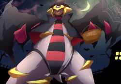 Rule 34 | basket, bat (animal), black capelet, black hat, black sclera, bubobubo, capelet, clothed pokemon, cloud, colored sclera, creatures (company), crescent moon, cross, fangs, from below, game freak, gen 4 pokemon, giratina, giratina (altered), glowing windows, hat, highres, holding, holding basket, legendary pokemon, looking at viewer, moon, night, nintendo, no humans, open mouth, outdoors, pokemon, pokemon (creature), red eyes, silk, sky, solo, spider web, tongue, witch hat