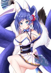 Rule 34 | 1girl, absurdres, animal ear fluff, animal ears, azur lane, blue ribbon, breasts, cleavage, degawa1121, flower, folding fan, fox ears, fox tail, fur scarf, hair flower, hair ornament, hand fan, highres, holding, holding fan, jintsuu (azur lane), large breasts, obi, ponytail, ribbon, sash, simple background, solo, standing, standing on one leg, tail, tsurime, white background, wide sleeves