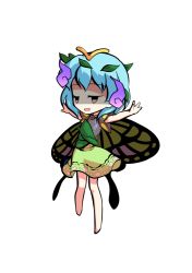 Rule 34 | 1girl, antennae, aqua hair, barefoot, brown eyes, butterfly wings, chibi, dairi, dress, eternity larva, evil smile, fairy, full body, green dress, hair between eyes, insect wings, leaf, leaf on head, multicolored clothes, multicolored dress, open mouth, shaded face, short hair, short sleeves, single strap, smile, solo, spread legs, standing, tachi-e, touhou, transparent background, wings
