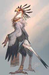 Rule 34 | 1other, androgynous, anklet, beak, bird, bird tail, bird wings, black eyes, blue background, bracelet, claws, digitigrade, feathered wings, feathers, full body, furry, headband, highres, jewelry, looking at viewer, necklace, original, other focus, red headband, secretarybird, signature, simple background, solo, standing, tail, talons, winged arms, wings, yamamura le
