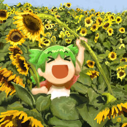 Rule 34 | &gt; &lt;, 1girl, absurdres, arm up, closed eyes, day, facing viewer, field, flower, flower field, green hair, happy, highres, holding, holding flower, koiwai yotsuba, leaf, open mouth, outdoors, quad tails, red shirt, shirt, short sleeves, signature, smile, solo, sunflower, sunflower field, vinoburrito, yellow flower, yotsubato!