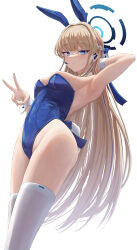 1girl animal_ears armpits bare_shoulders blonde_hair blue_archive blue_eyes blue_halo blue_leotard breasts detached_collar fake_animal_ears fake_tail feet_out_of_frame hair_ornament halo hand_in_own_hair headset highleg highleg_leotard highres leotard long_hair mechanical_halo medium_breasts microphone official_alternate_costume playboy_bunny presenting_armpit rabbit_ears rabbit_hair_ornament rabbit_tail sideboob silver_bullet_(ecc12_8) simple_background solo strapless strapless_leotard tail thighhighs toki_(blue_archive) toki_(bunny)_(blue_archive) v very_long_hair white_background white_thighhighs wrist_cuffs