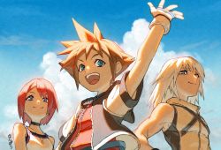 Rule 34 | 1girl, 2boys, bare shoulders, blue eyes, blue sky, breasts, brown hair, camisole, choker, cloud, fingerless gloves, gloves, hair between eyes, hand up, highres, hood, hooded jacket, jacket, jewelry, kairi (kingdom hearts), kingdom hearts, kingdom hearts i, medium hair, multiple boys, muscular, muscular male, nanpou (nanpou0021), necklace, open mouth, outdoors, outstretched arm, red hair, red shirt, riku (kingdom hearts), shirt, short hair, short sleeves, sky, small breasts, smile, sora (kingdom hearts), spiked hair, tank top, teeth, upper body, upper teeth only, waving, white hair, white shirt