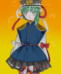 Rule 34 | absurdres, asymmetrical hair, bad id, bad twitter id, blush, gradient background, green eyes, green hair, hatching (texture), highres, juliet sleeves, long sleeves, puffy sleeves, shiki eiki, shoulder pads, solo, sweat, nervous sweating, touhou, vest, x x, yodoi (465kcal)