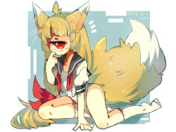 Rule 34 | 1girl, ahoge, animal ears, arm support, blonde hair, bow, closed mouth, cyclops, dated, fox ears, fox tail, grey sailor collar, hair bow, hand up, highres, long hair, looking at viewer, low-tied long hair, muroku (aimichiyo0526), neckerchief, one-eyed, one-piece swimsuit, open clothes, open shirt, original, puffy short sleeves, puffy sleeves, red eyes, red neckwear, sailor collar, school swimsuit, school uniform, serafuku, short sleeves, signature, sitting, socks, solo, swimsuit, tail, undone neckerchief, very long hair, whiskers, white one-piece swimsuit, white socks, x x