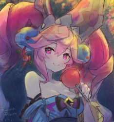 Rule 34 | 1girl, bare shoulders, blue hair, breasts, candy apple, cleavage, cleo (dragalia lost), detached sleeves, dragalia lost, food, hair between eyes, hair ornament, holding, japanese clothes, kimono, long hair, looking at viewer, medium breasts, multicolored hair, official alternate costume, pink eyes, pink hair, punished pigeon, smile, solo, twintails, two-tone hair, upper body, very long hair, yukata
