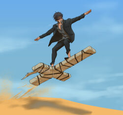 Rule 34 | 1boy, absolem0, arms up, artist name, black footwear, black hair, black jacket, black pants, cigarette, collared shirt, day, desert, full body, grey shirt, highres, jacket, large cross, long sleeves, male focus, mouth hold, nicholas d. wolfwood, outdoors, pants, partially unbuttoned, shirt, shoes, short hair, solo, sunglasses, surfing, trigun, trigun stampede, v-shaped eyebrows