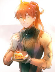 Rule 34 | 1boy, aki (neyuki41028), cake, cake slice, coat, fate/grand order, fate (series), food, fork, gloves, green eyes, hair between eyes, holding, holding fork, holding plate, long hair, looking at viewer, male focus, name tag, orange hair, parted lips, plate, ponytail, romani archaman, solo, strawberry shortcake, white coat, white gloves