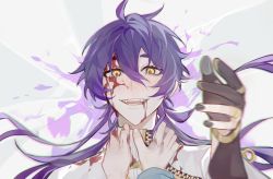 Rule 34 | blood, blood on face, blurry, chromatic aberration, depth of field, eiden (nu carnival), hair between eyes, highres, long sleeves, looking at viewer, lying, male focus, multiple boys, nu carnival, purple hair, rin (nu carnival), shutiao2333, yellow eyes