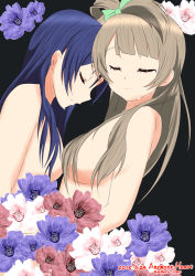 Rule 34 | 10s, 2015, 2girls, anemone heart, black background, blue flower, blue hair, bow, breasts, completely nude, convenient censoring, crying, dated, closed eyes, flower, from side, green bow, grey hair, hair bow, hair censor, hair over breasts, highres, long hair, love live!, love live! school idol project, medium breasts, minami kotori, multiple girls, nude, red flower, sideboob, signature, simple background, sonoda umi, tears, upper body, very long hair, white flower, yamato yume, yuri