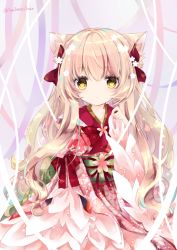 Rule 34 | 1girl, animal ear fluff, animal ears, bad id, bad pixiv id, bow, cat ears, closed mouth, commentary request, flower, grey background, hair between eyes, hair bow, hair flower, hair ornament, hand up, japanese clothes, kimono, light brown hair, long hair, long sleeves, looking at viewer, nanase kureha, nanase nao, obi, original, red bow, red kimono, sash, sleeves past wrists, solo, twitter username, very long hair, white flower, wide sleeves, yellow eyes