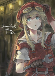 Rule 34 | 1girl, adjusting clothes, adjusting headwear, aqua eyes, black gloves, blonde hair, character name, copyright name, eiyuu densetsu, falcom, gloves, goggles, goggles on headwear, hat, irise ryouji, looking back, medium hair, overalls, parted lips, red gloves, red hat, shirt, short sleeves, sidelocks, solo, sora no kiseki, tita russell, two-tone gloves, upper body, wrench