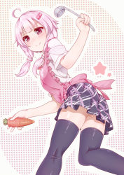 Rule 34 | 1girl, ahoge, alternate costume, apron, ass, blush, carrot, closed mouth, eyebrows, food, frilled apron, frills, from below, hair ornament, hairclip, highres, holding, holding food, kneepits, ladle, looking at viewer, looking down, miniskirt, pink apron, plaid, plaid skirt, pleated skirt, polka dot, polka dot background, purple eyes, purple hair, purple skirt, purple thighhighs, rabbit hair ornament, shirt, short hair with long locks, short sleeves, skirt, solo, standing, standing on one leg, star (symbol), thighhighs, upskirt, vocaloid, voiceroid, white shirt, yuirimo, yuzuki yukari