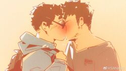 Rule 34 | 2boys, artist request, backpack, bag, bara, blush, glasses, highres, hood, hood down, kiss, long sideburns, looking over eyewear, male focus, multiple boys, original, short hair, shy, sideburns, sparse stubble, surprise kiss, surprised, thick eyebrows, upper body, v-shaped eyebrows, wide-eyed, yaoi