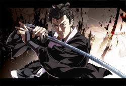 Rule 34 | 1boy, black hair, hasegawa heizou, holding, holding weapon, japanese clothes, katana, letterboxed, looking at viewer, male focus, manly, nyoro (nyoronyoro000), official style, onihei, solo, sword, weapon