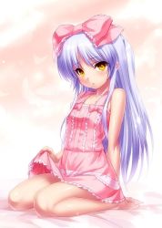 Rule 34 | 10s, 1girl, angel beats!, bare legs, bare shoulders, barefoot, blue hair, bow, clothes lift, dress, dress lift, hair bow, long hair, looking at viewer, one side up, shiny skin, sitting, solo, tenshi (angel beats!), wariza, yellow eyes, zen