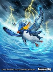 Rule 34 | animal focus, bird, blue eyes, cloud, cloudy sky, copyright name, electricity, feathered wings, force of will, misa tsutsui, no humans, official art, rain, sky, water, wings